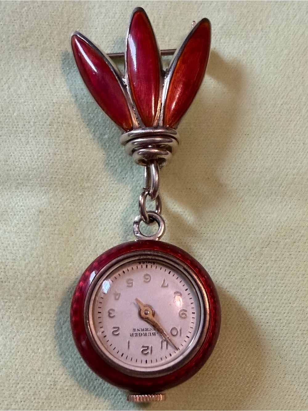 Vintage A. Burger Lucerne Swiss Red Enamel Brooch Watch